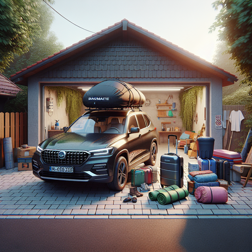 Sac de toit BagMate XXL sur une voiture familiale prête pour le départ, entourée de bagages et d’accessoires de voyage - ambiance matinale et paisible