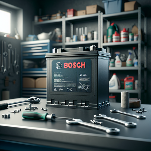 Une batterie automobile Bosch S4 E08 bien en évidence, posée sur un établi de garage propre