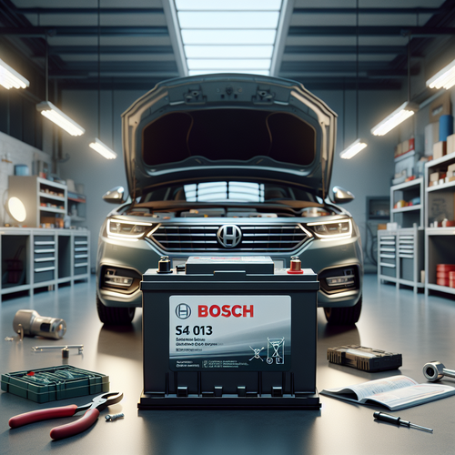 Une batterie automobile Bosch S4 013 bien visible, posée sur un plan de travail propre dans un garage lumineux. La batterie est montrée de face, avec ses étiquettes claires et ses bornes protégées. En arrière-plan, un véhicule familial moderne avec le capot ouvert, quelques outils standards sont disposés à côté pour illustrer la simplicité d'installation. L'ambiance est ordonnée, sans aucun élément suggérant une panne ou une situation à risque.