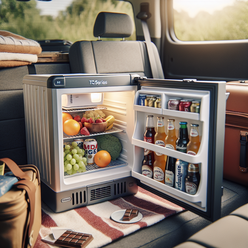 Un mini-réfrigérateur portable de la gamme Alpicool T-Series posé à l’arrière d’un véhicule, ouvert pour révéler un intérieur bien agencé avec différentes boissons fraîches, des fruits et une tablette de chocolat. L’ambiance est estivale avec une lumière naturelle, quelques valises à côté, et l’arrière-plan laisse deviner un paysage de plein air, typique d’une pause pique-nique ou d’un départ en vacances. Les lignes du frigo sont sobres et robustes, les poignées visibles, et la scène dégage une impression de praticité et d’organisation pour le voyage.