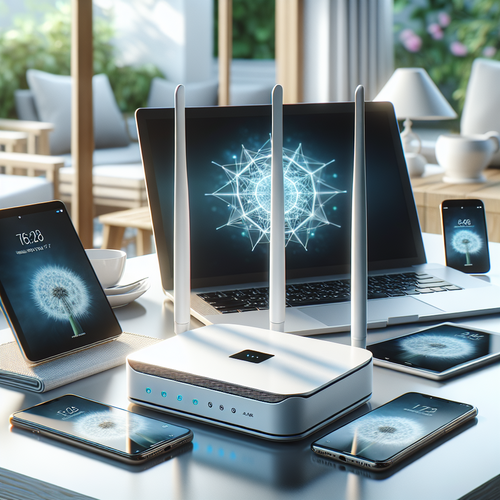 Illustration d’un routeur 4G compact posé sur une table, entouré de plusieurs appareils connectés comme un ordinateur portable, une tablette et deux smartphones.