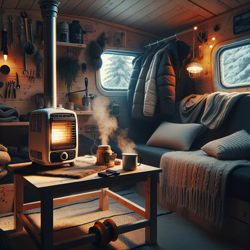 Chauffage Diesel VEVOR installé dans un van ou atelier en hiver, lumière chaude et ambiance rurale