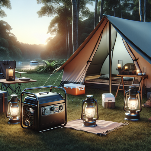 Générateur électrique maXpeedingrods 2300W posé à côté d'une tente de camping dans la nature, sous un ciel clair, entouré de lampes, glacière et accessoires de plein air