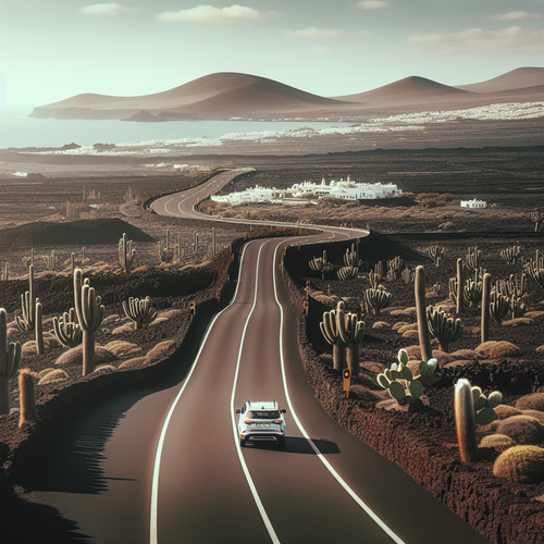 Un paysage emblématique de Lanzarote : une route sinueuse traverse un décor volcanique, avec des champs de lave noire, des cactus imposants et des villages aux maisons blanches au loin. Le ciel est bleu et dégagé, une voiture roule tranquillement, incarnant l’idée de liberté sur l’île. L’ambiance est calme et lumineuse, illustrant l’exploration paisible de Lanzarote en voiture.
