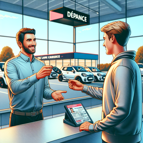 Agence de location de voitures en France: remise des clés à un jeune conducteur