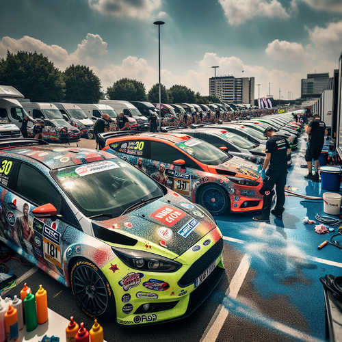 Un parking automobile à la fin du Tour de France, avec une file de voitures colorées et décorées portant des autocollants de sponsors