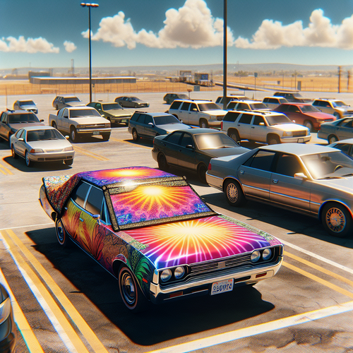 Une voiture garée sur un parking en été, vue de l’extérieur, avec un pare-soleil coloré et personnalisé apposé sur le pare-brise avant. L’ambiance est ensoleillée, on aperçoit d’autres véhicules en arrière-plan avec des pare-soleil classiques. La scène met en valeur le contraste entre le pare-soleil original et les modèles plus discrets autour, sans présence humaine. Les couleurs sont vives, les détails portent sur le tissu réfléchissant, les motifs imprimés et l’atmosphère estivale du parking.