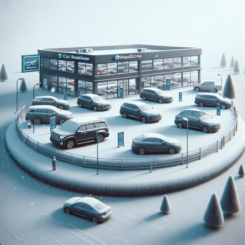 Une scène hivernale devant une concession automobile avec des voitures d’occasion alignées et une bannière de promotions
