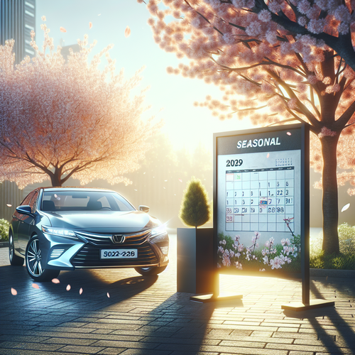 Une voiture brillante et bien entretenue garée sur un parking sous une lumière printanière, calendrier mural ouvert sur le printemps