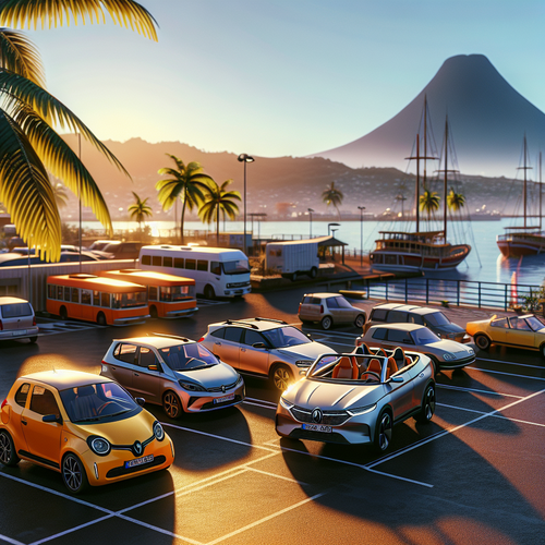 Un parking ensoleillé en Guadeloupe ou Martinique, avec différentes voitures alignées sur fond de palmiers et volcan – citadine, SUV, cabriolet et minivan.
