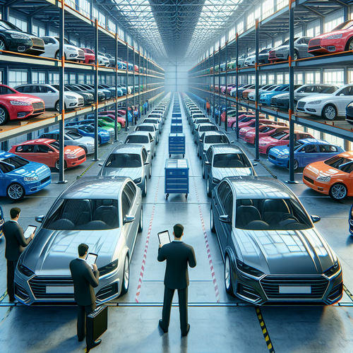 Scène illustrant l'intérieur d'un vaste entrepôt automobile bien éclairé, avec des rangées de voitures d'occasion de différents modèles et couleurs, certaines faisant l'objet d'un contrôle visuel par des professionnels munis de tablettes, dans une ambiance organisée de logistique et de transparence.
