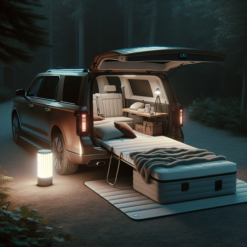 Une voiture break garée dans un coin tranquille, aménagement nuit confortable et rideaux occultants.