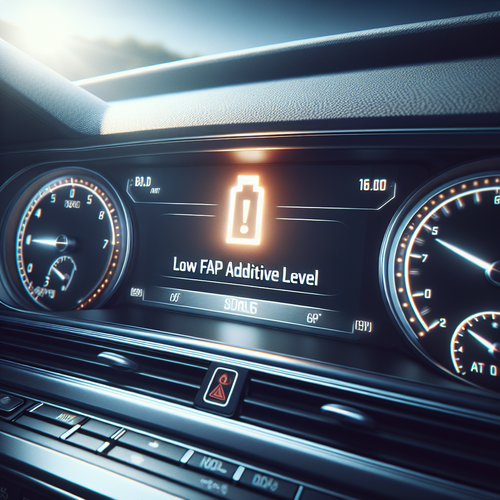 Un tableau de bord de voiture affichant l’alerte niveau additif FAP trop faible