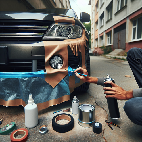 Scène représentant une voiture garée avec une personne appliquant du vernis sur un phare à l'aide d'un spray. Le phare est préparé, la zone protégée avec du ruban adhésif. Ambiance bricolage sous lumière naturelle. - vernis-application.jpg